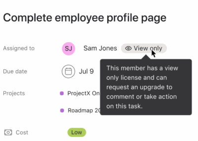Tooltip describing view only user's limitations.