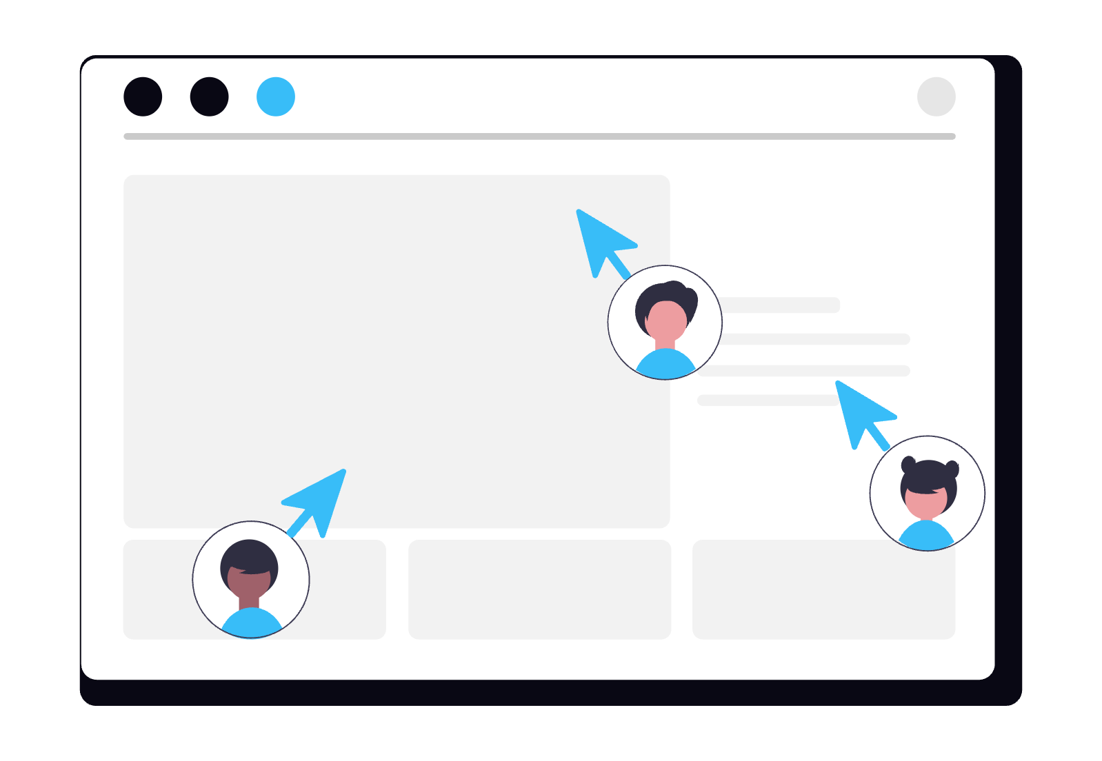 view_only_undraw_live-collaboration Product collaboration illustration showing three user avatars with arrows pointing to various parts of a made-up product screen.