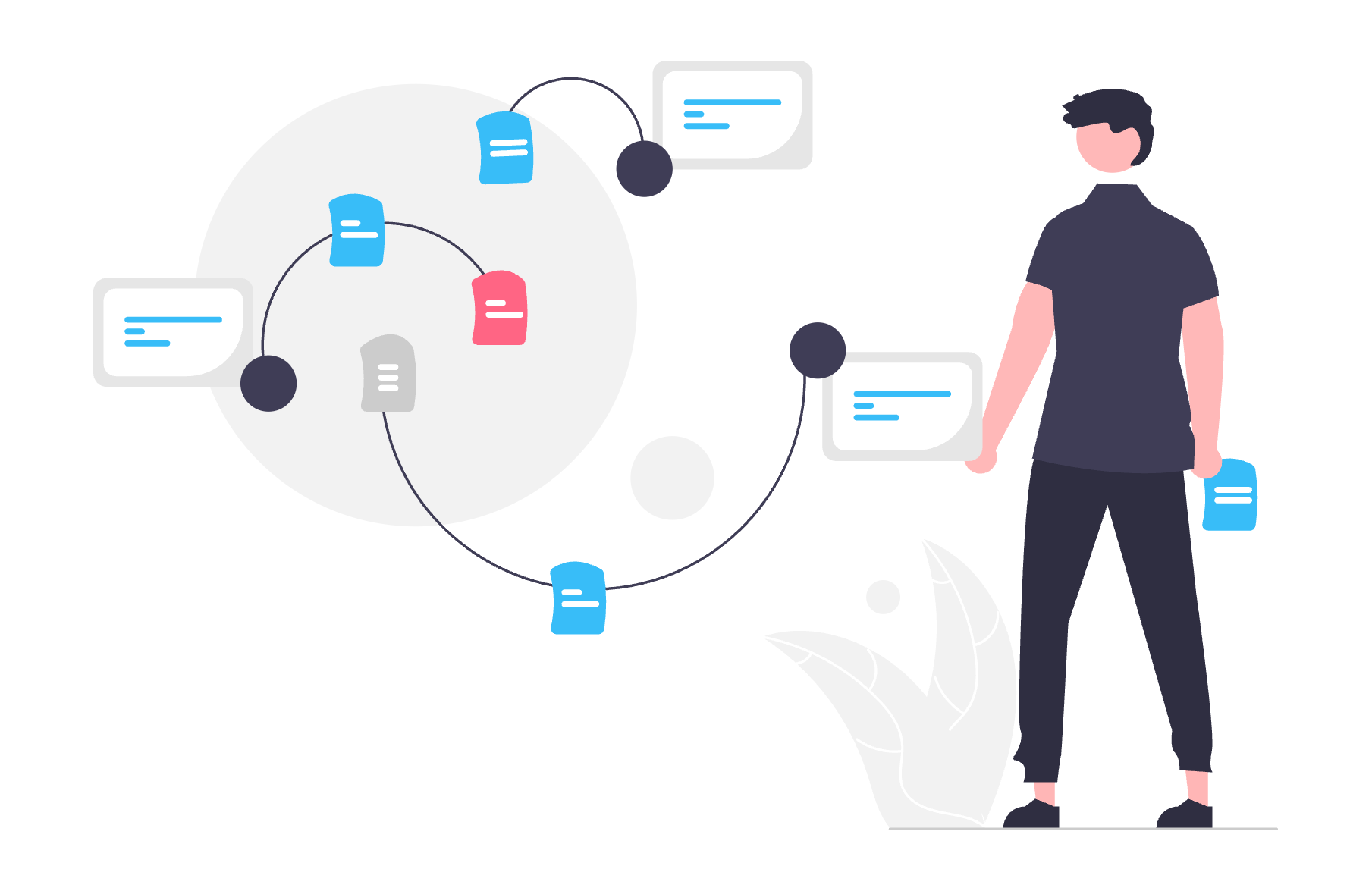 view_only_undraw_thought-process_pavs Illustration showing a man standing in front of a representation of a user flow. He is connecting the dots between various elements of the flow.
